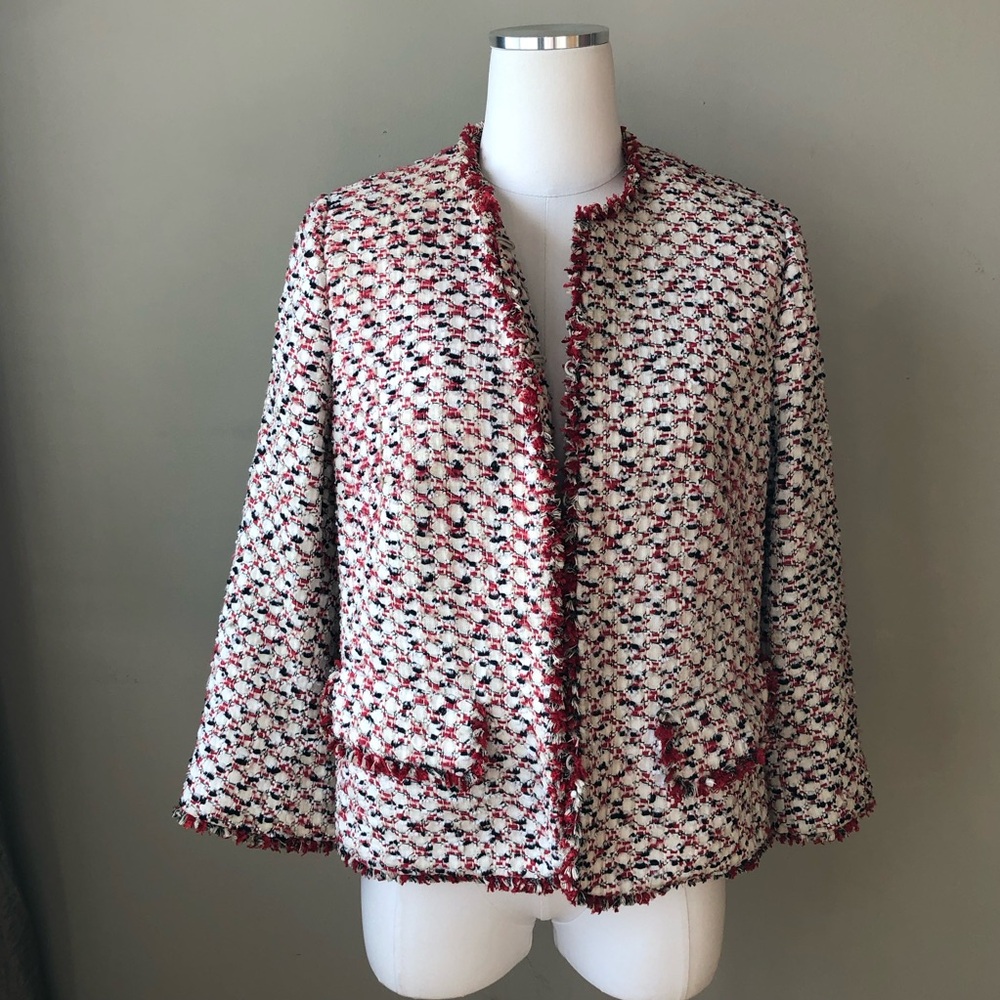Vintage Escada Couture Red Black White Tweed Boxy Blazer Jacket 12/42 - Picture 2 of 11